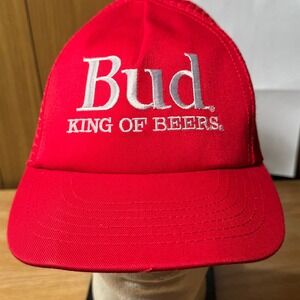 Vintage Bud Budweiser King of Beers Snapback Trucker‎ Hat Mesh Red USA